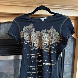 Cache Black Gold Rose Tshirt Large (runs very small) EUC